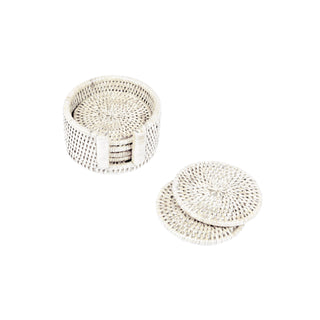 Rattan Round Coaster and Holder Set in Cream - Set of 6 Coasters and 1 Napkin Holder