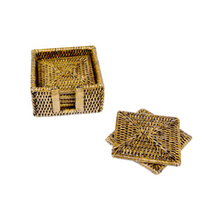 Rattan Square Coaster and Holder Set in Honey - Set of 6 Coasters and 1 Napkin Holder