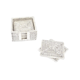 Rattan Square Coaster and Holder Set in Cream - Set of 6 Coasters and 1 Napkin Holder