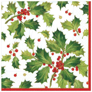 Caspari Gilded Holly Paper Dinner Napkins in White - 20 Per Package 13420D