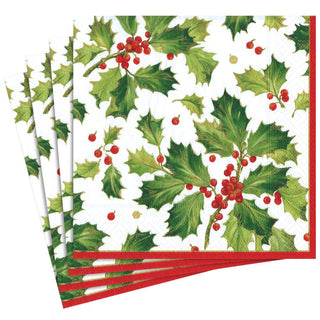 Caspari Gilded Holly Paper Dinner Napkins in White - 20 Per Package 13420D