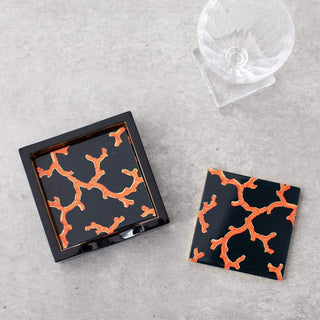 Caspari The Coral Sea Square Lacquer Coaster in Holder - Set of 4 14562LQCSET