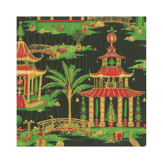 Caspari Christmas Pagodas Paper Luncheon Napkins in Black - 20 Per Package 16611L