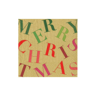 Merry Christmas Toss Paper Cocktail Napkins in Gold - 20 Per Package 17260C