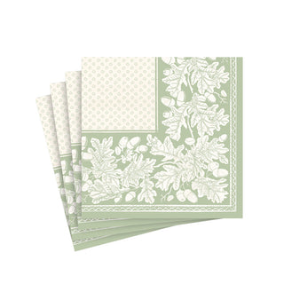 Oak Leaves & Acorns Paper Linen Cocktail Napkins in Sage Green/Ivory - 15 Per Package 17291CG