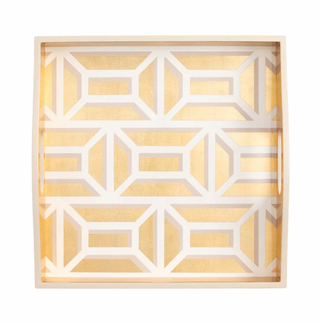 Garden Gate Lacquer Square Tray in White & Gold - 1 Each