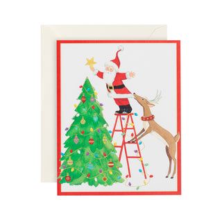 Santa And Reindeer With Tree Petite Christmas Cards - Includes 5 Cards & Envelopes