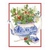 Blue And White Teapot With Holly A-Sized Christmas Cards Pack in Cello - 5 Cards & 5 Envelopes