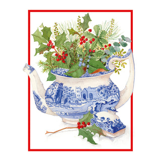 Blue And White Teapot With Holly Petite Christmas Cards - Includes 5 Cards & Envelopes