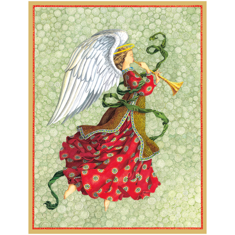 Angel In Red Dress With Trumpet C-Sized Blank Christmas Card Pack in Cello - 5 Cards & 5 Envelopes