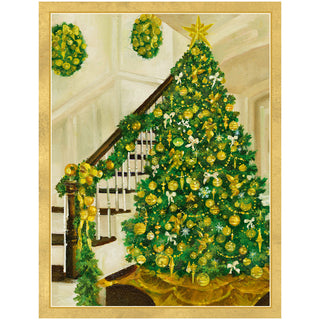 Golden Christmas Tree And Staircase Classic Boxed Christmas Cards - includes 15 cards & envelopes