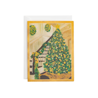 Golden Christmas Tree And Staircase Classic Boxed Christmas Cards - includes 15 cards & envelopes