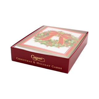 White Pine And Red Bow Wreath Classic Boxed Christmas Cards - includes 15 cards & envelopes