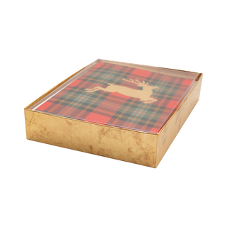 Reindeer Tartan Foil Classic Boxed Christmas Cards - includes 10 cards & envelopes