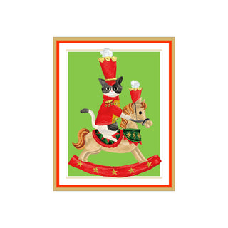 Cat On Rocking Horse Foil Petite Christmas Cards - includes 5 cards & envelopes