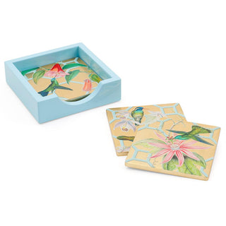 Hummingbird Trellis Gold Lacquer Coasters Set Of 4