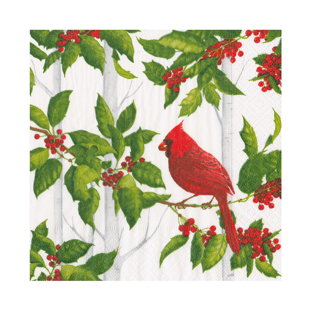 Holly And Songbirds White & Silver Luncheon Napkins - 20 Per Package