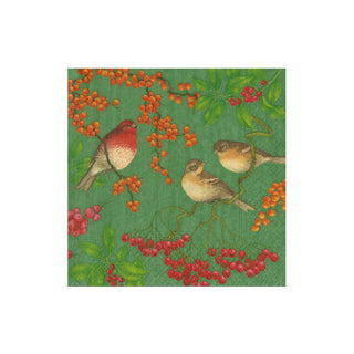 Birds And Berries Green Cocktail Napkin - package of 20
