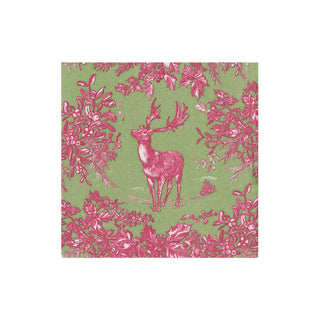 Stag Toile Raspberry/Sage Paper Linen Cocktail Napkin - 15 In