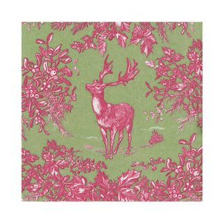 Stag Toile Raspberry/Sage Paper Linen Luncheon Napkin -15 In