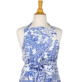 Pagoda Toile Blue/White Fabc Fabric Apron - 34 X 30 Inches