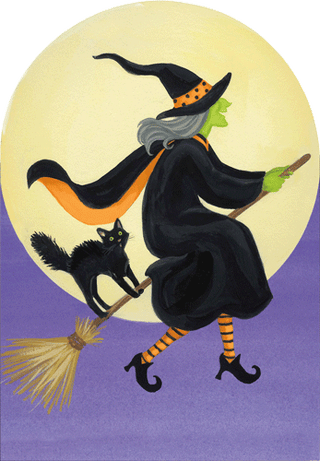 Witch On Broom Halloween Die Cut Greeting Card - 1 card with envelope