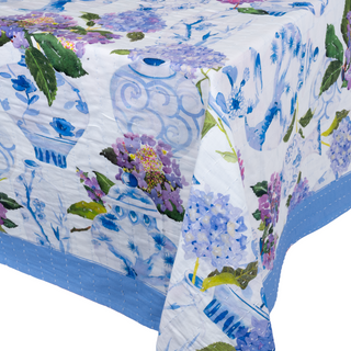 Hydrangeas & Porcelain Cotton Reversible Kantha Quilt Table Cover