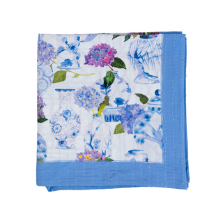 Hydrangeas & Porcelain Cotton Reversible Kantha Quilt Table Cover