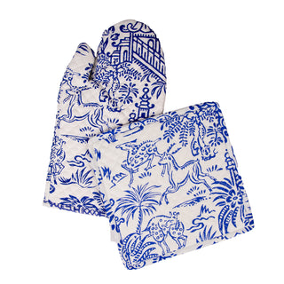 Pagoda Toile Blue/White Fabc Oven Mitt/Pot Holder Set