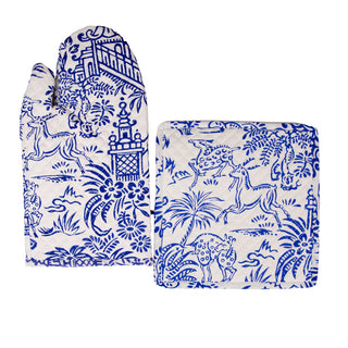 Pagoda Toile Blue/White Fabc Oven Mitt/Pot Holder Set