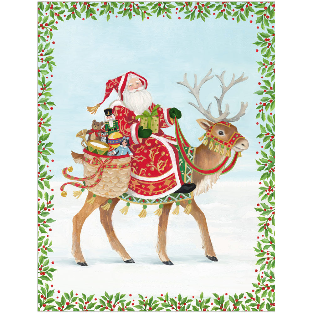 Santa And Reindeer Christmas Cards in Cello Pack - 5 Cards & 5 Envelopes