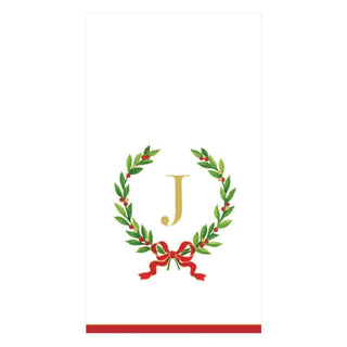 Caspari Christmas Laurel Wreath Single Initial Paper Guest Towel Napkins - 15 Per Package J 14150G.J