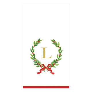 Caspari Christmas Laurel Wreath Single Initial Paper Guest Towel Napkins - 15 Per Package L 14150G.L