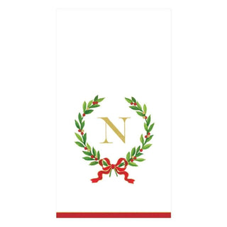 Caspari Christmas Laurel Wreath Single Initial Paper Guest Towel Napkins - 15 Per Package N 14150G.N