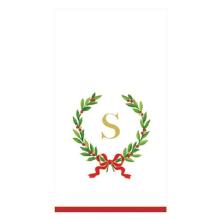 Caspari Christmas Laurel Wreath Single Initial Paper Guest Towel Napkins - 15 Per Package S 14150G.S