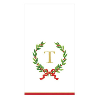 Caspari Christmas Laurel Wreath Single Initial Paper Guest Towel Napkins - 15 Per Package T 14150G.T