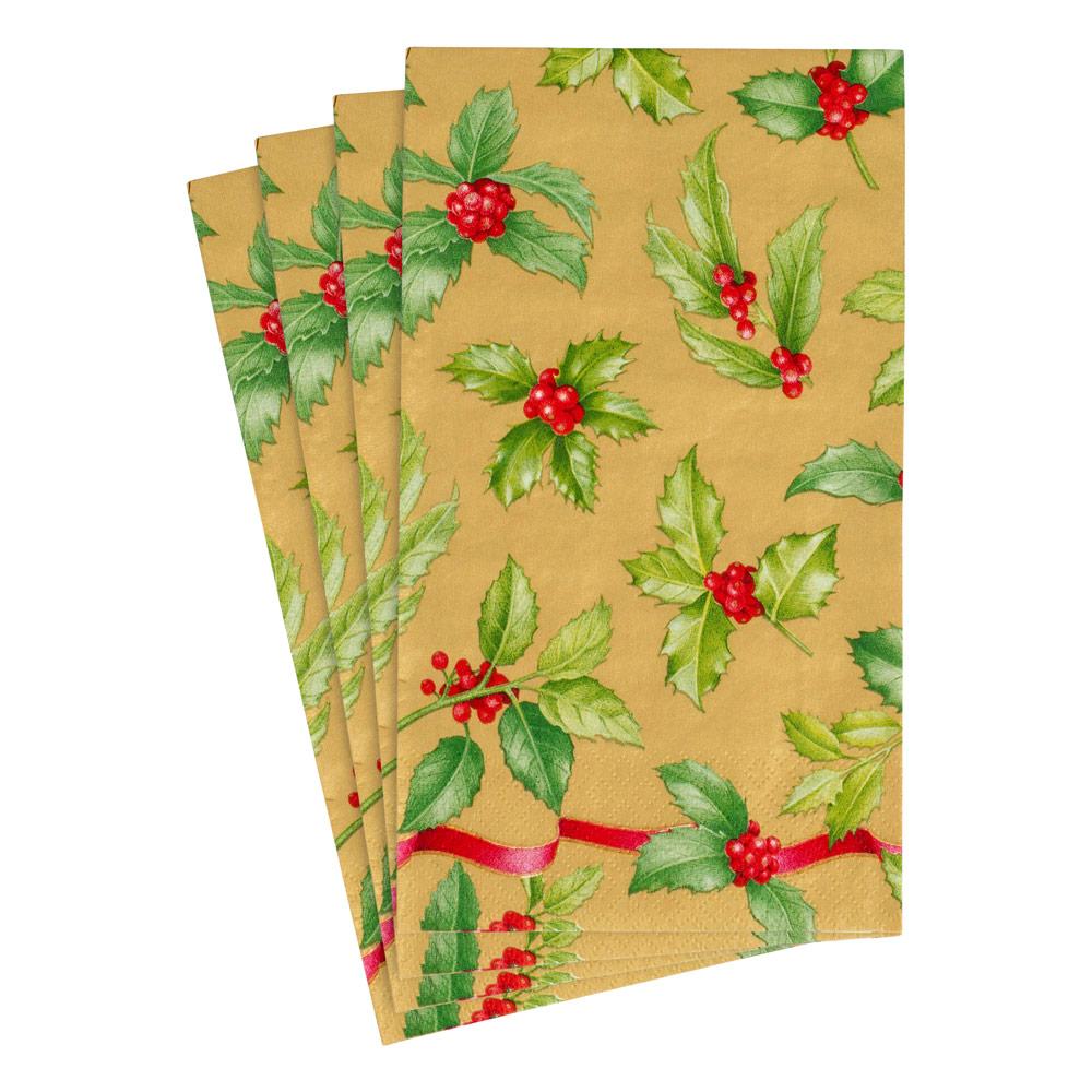 Caspari Holly Toss Paper Guest Towel Napkins in Gold - 15 Per Package 15491G