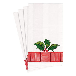 Caspari Ribbon Border Holly Paper Guest Towel Napkins - 15 Per Package 15590G