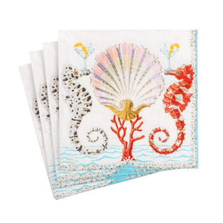 Caspari Seahorses and Shell Boxed Paper Cocktail Napkins - 40 Per Box 15870B