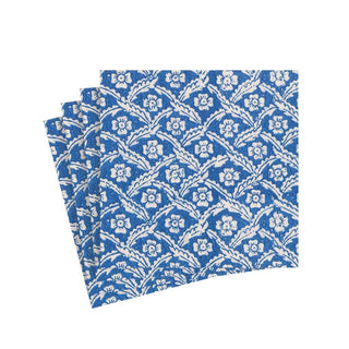 Caspari Domino Paper Floral Cross Brace Paper Cocktail Napkins in Blue - 20 Per Package 16022C
