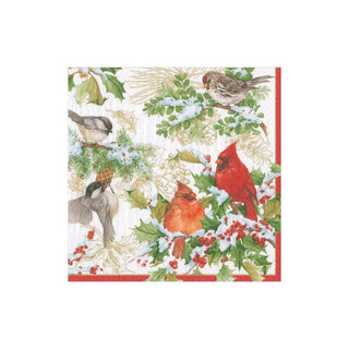 Caspari Christmas Birds and Greenery Paper Cocktail Napkins - 20 Per Package 16190C