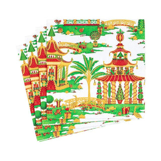 Caspari Christmas Pagodas Boxed Paper Cocktail Napkins in White - 40 Per Box 16610B