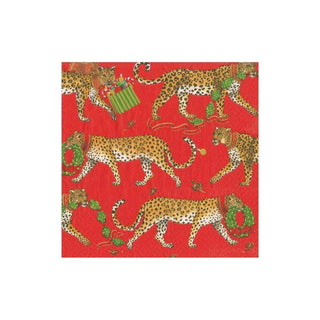 Caspari Christmas Leopards Boxed Paper Cocktail Napkins in Red - 40 Per Box 16620B