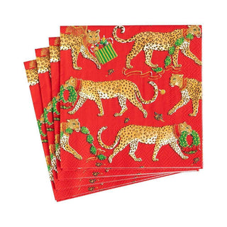 Caspari Christmas Leopards Boxed Paper Cocktail Napkins in Red - 40 Per Box 16620B