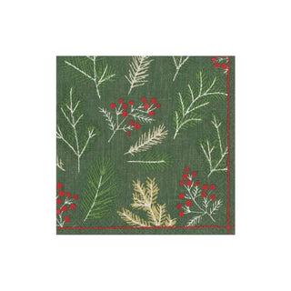 Caspari Sprigs and Berries Boxed Paper Cocktail Napkins in Evergreen - 40 Per Box 16691B