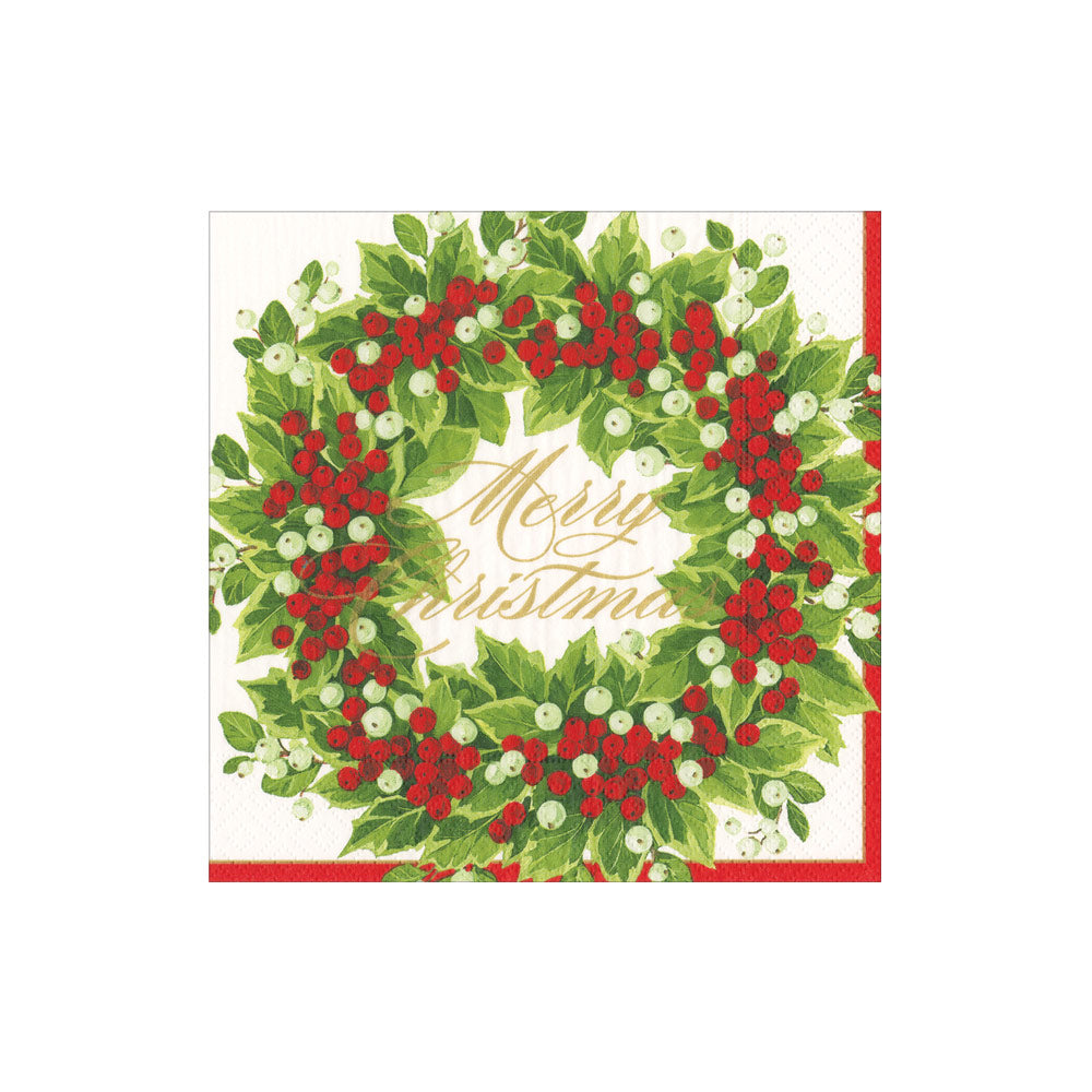 Holly and Berry Wreath Merry Christmas Paper Cocktail Napkins - 20 Per Package 17190C