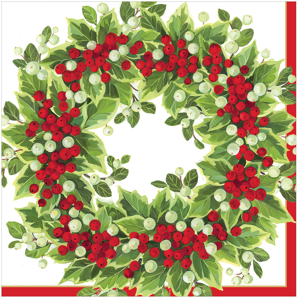 Holly and Berry Wreath Paper Dinner Napkins - 20 Per Package 17191D