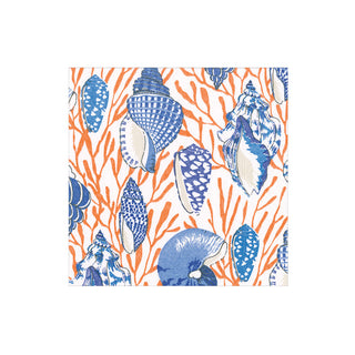 Shell Toile Boxed Cocktail Napkins in Coral & Blue - 40 Per Box