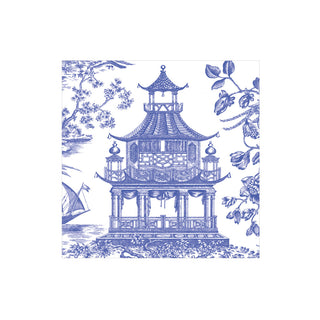 Chinoiserie Toile Pagoda Boxed Cocktail Napkins in Blue - 40 Per Box