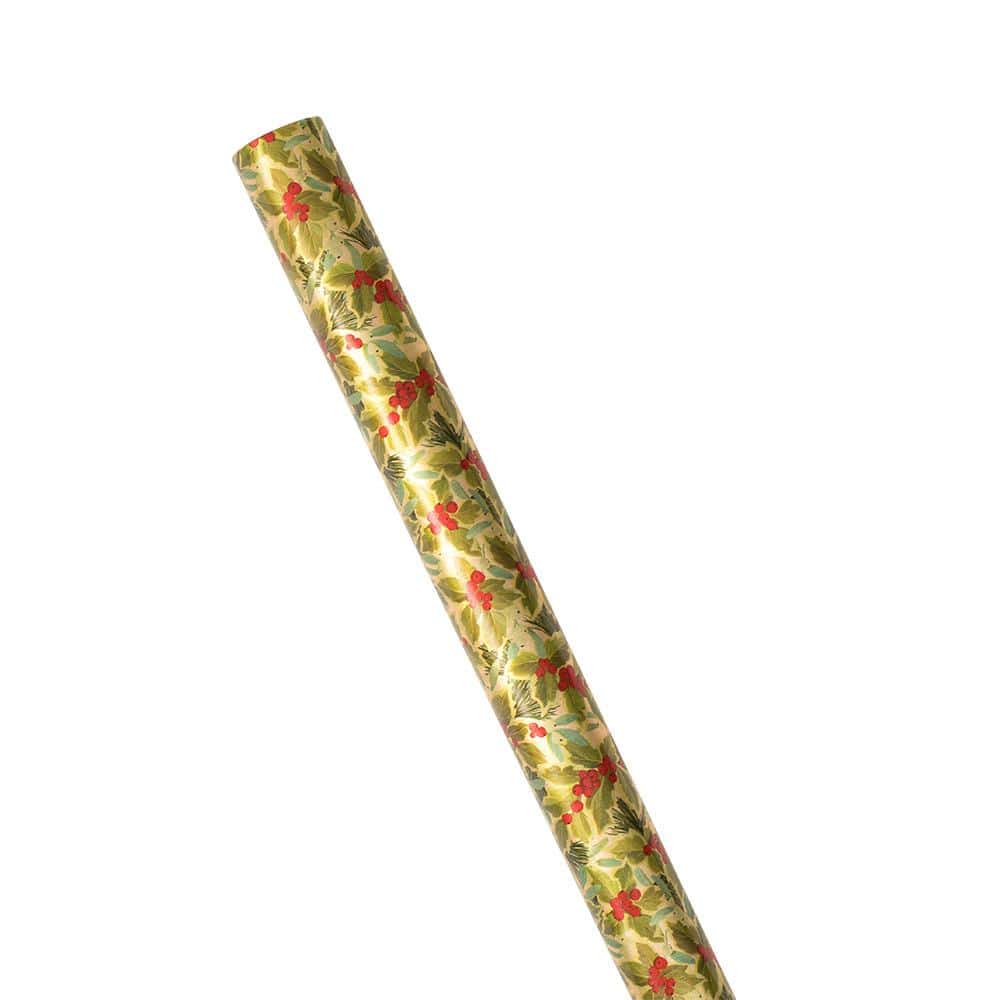 Holly and Mistletoe Gift Wrapping Paper on Gold Foil - 76 cm x 2.44 m Roll